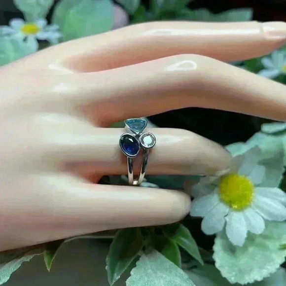 New Sterling Silver Blue Sapphire Aquamarine Diamond Ring - Picture 7 of 7